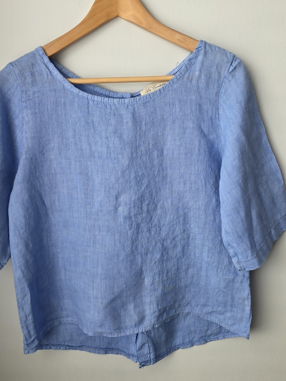 La Contessa 100% Linen Blue Button Back Top Made in Italy S Estimated